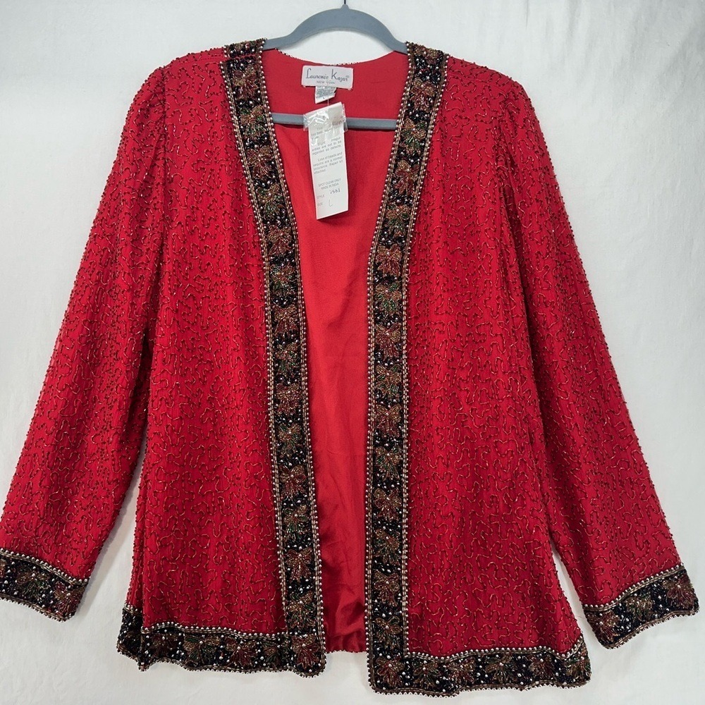 Laurence Kazar Red Beaded Silk Evening Jacket Open Front Floral Border Large